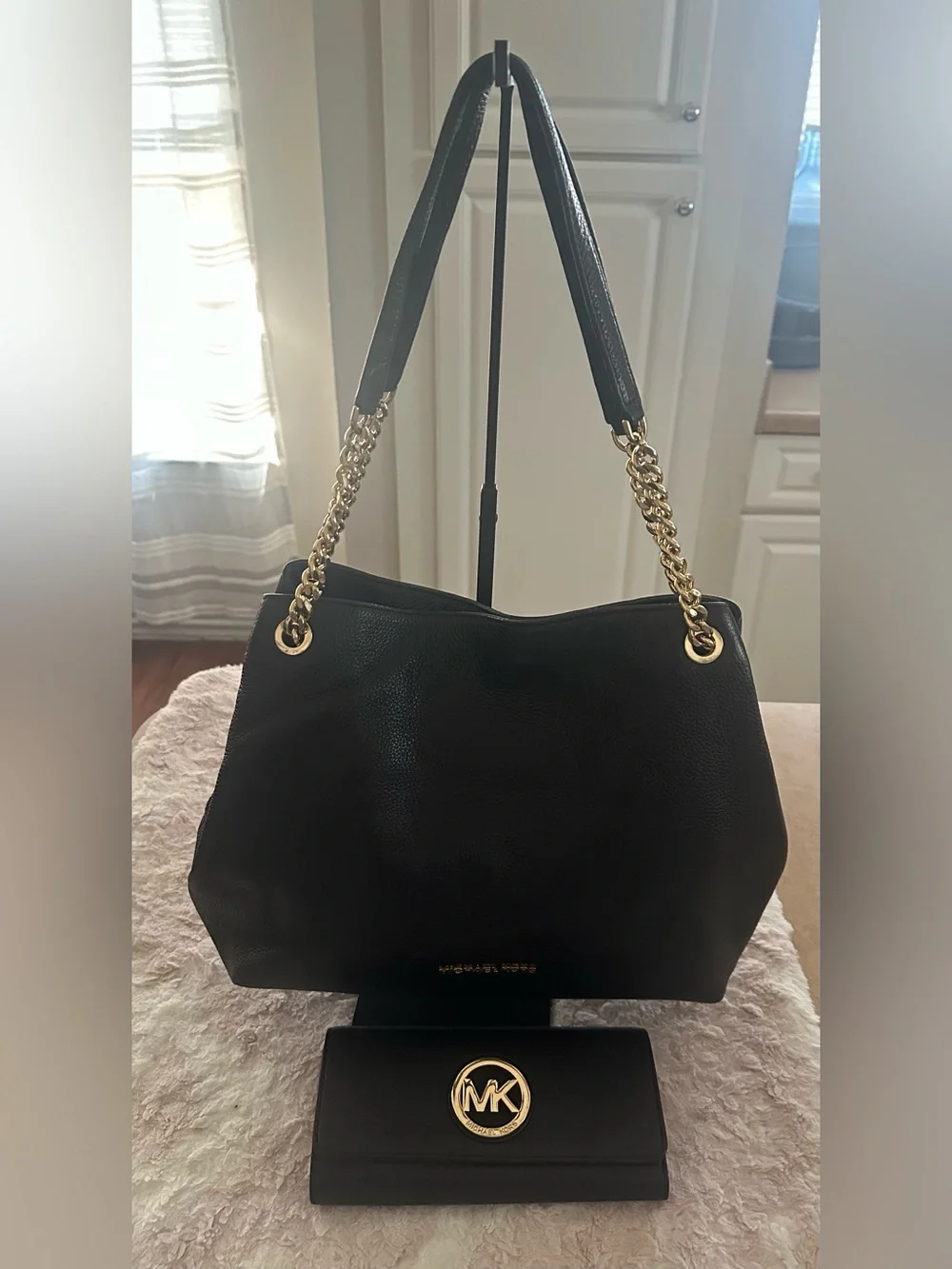 Michael Kors Set: Jet Set Handbag & Continental Wallet In Black Pebbled Leather.
